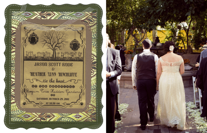 A scan of our wedding ceremony invitation (left) inspired by our garden wedding venue. My husband and I officially married (right).