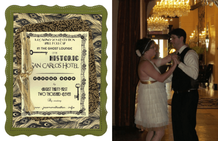 A scan of our wedding reception invitation (left) inspired by our historic 1920s hotel venue. My husband and I dancing (right).