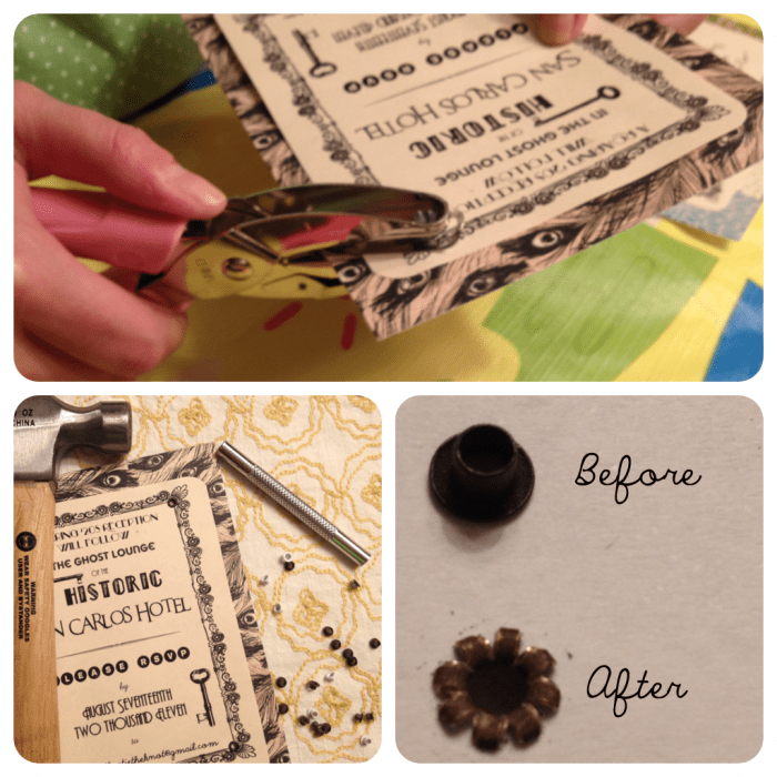 Using eyelets can help protect your paper invitations, especially if you plan on using ribbon for decoration.