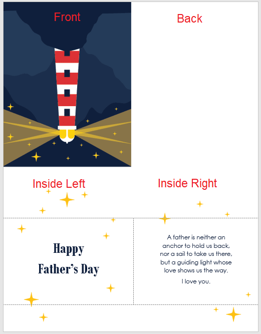This image shows the layout of the card with annotations of where each section will be after it's folded.