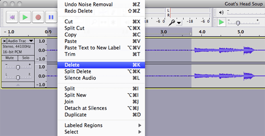 Remove dead space at the beginning of the recording by making a selection just before the first track, clicking Select Track Start to Cursor, and then deleting the selection.