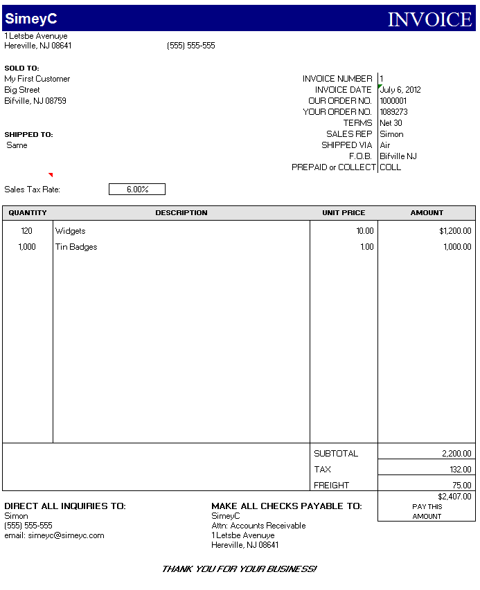 The final invoice edited with sales information, customer information etc. You can now send this to your customer and get paid.