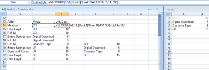 Illustrating a VLOOKUP formula using two workbooks in Excel 2007 and Excel 2010.
