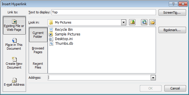 Creating a hyperlink to another section in an Excel 2007 workbook.