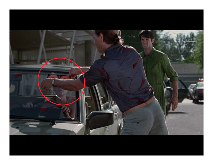 Van Sant fixes the error by including the salesman pulling off the year just before Heche leaves.
