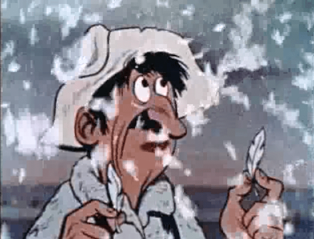 One animation shortcut Cambria used besides Syncro-Vox was real props over animation. In a scene where a pile of feathers blow away, rather than animate all the feathers individually, they filmed real feathers taken from a pillow.