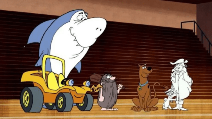 Scooby-Doo with fellow mystery solvers Jabberjaw, Speed Buggy, Captain Caveman, and the Funky Phantom (as seen in a crossover episode in the 2010-12 series "Mystery Incorporated").