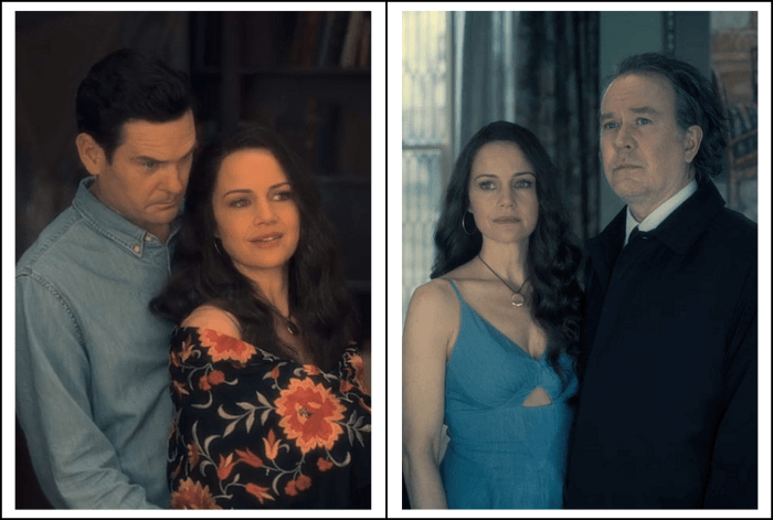 Henry Thomas and Timothy Hutton as Hugh Crain, Carla Gugino as Olivia Crain in 'The Haunting of Hill House' season 1 (2018), a Netflix Original Series.