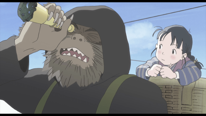 A young Suzu regales her younger sister Sumi with a fanciful tale of her escape from a hairy monster in Hiroshima.