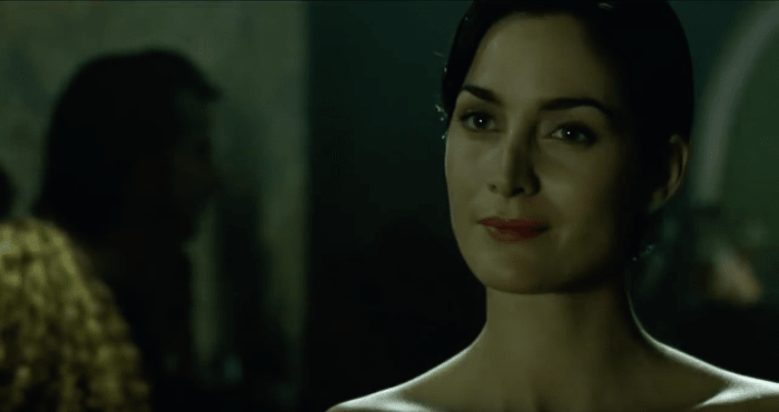 Trinity (Carrie-Anne Moss) is an infamous and mysterious computer hacker who guides Neo to Morpheus (Laurence Fishburne). Neo is shocked when he discovers that Trinity is not a guy but a beautiful woman.