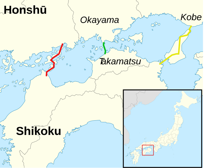 The yellow line connects Kobe City, Hyogo Prefecture, Honshu island to Tokushima Prefecture, Shikoku island, via Awaji Island in the Seto inland sea.