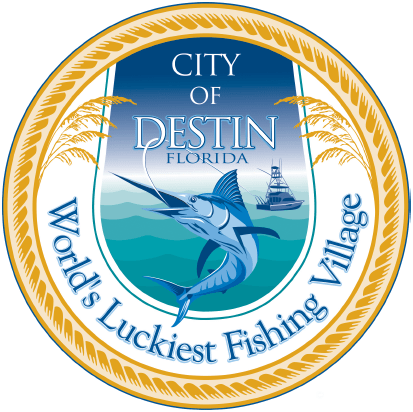 The official seal of Destin, Florida, including its nickname: "World's Luckiest Fishing Village". The city gets its name from Leonard Destin, a New London, Connecticut fishing captain who resided in the area between 1845 and 1850.