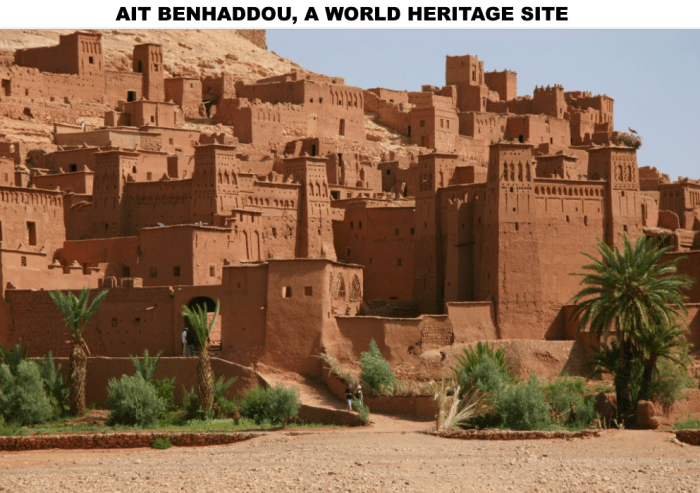Aït Benhaddou is an ighrem (fortified village in English) (ksar in Arabic), along the former caravan route between the Sahara and Marrakech in present-day Morocco.