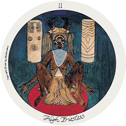 The High Priestess of the Motherpeace Tarot stands between the Earth and Spirit worlds.