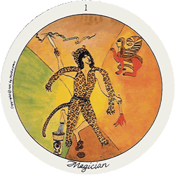 The Magician of the Motherpeace Tarot has all the tools necessary to be creative in her Bag of Truth.