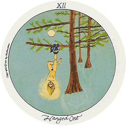 The Hanged One (usually called The Hanged Man in other Tarot decks) is looking at life from another perspective, to grow spiritually