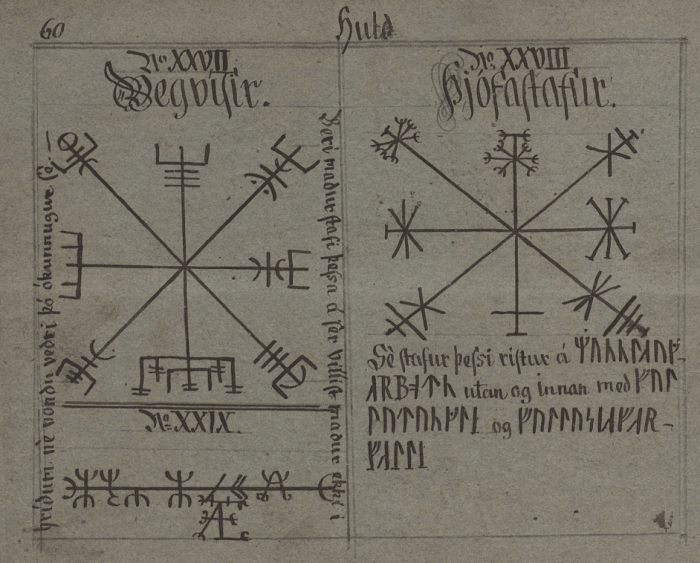 This sheet from the Huld Manuscript features at the top left, the "Vegvísir". Meaning "sign post", is is believed to help guide the wearer through bad weather without losing their way. The stave has become quite popular recently.