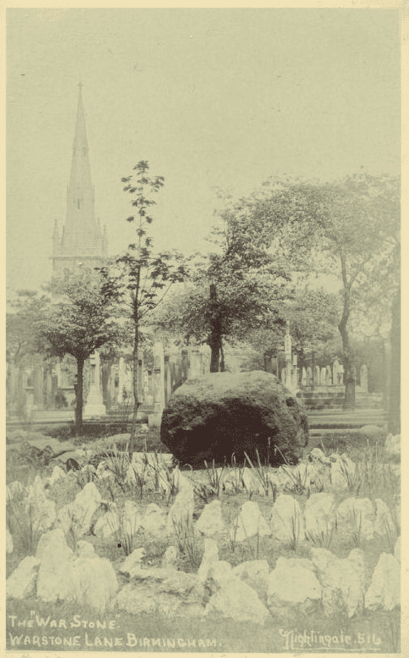 Early photograph of the War Stone with the chapel of rest in the background. The chapel was destroyed by a German bombing raid in 1940 and no longer stands.