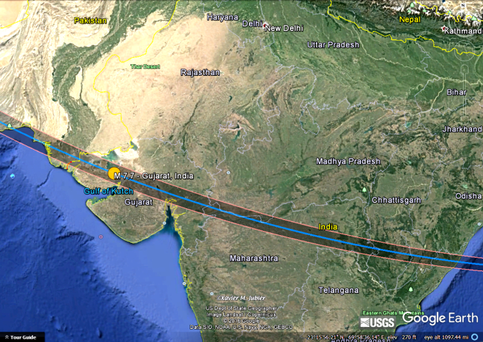 Epicenter of the 26 January 2001 earthquake of 7.7 magnitude on the center of the 11 August 1999 eclipse path. Additional source for eclipse kmz file: Xiavier M. Jubier's Five Millenium (-1999 to +3000) Canon of Solar Eclipses Database.