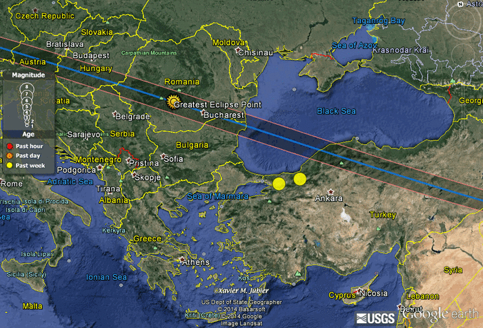 Epicenters for earthquakes of 7.6 and 7.2 magnitude within 140 miles (226 km) from and within 3 months following the 11 August 1999 eclipse path. Additional sources are Google Earth plus kmz files from USGS and also from the linked source given here.
