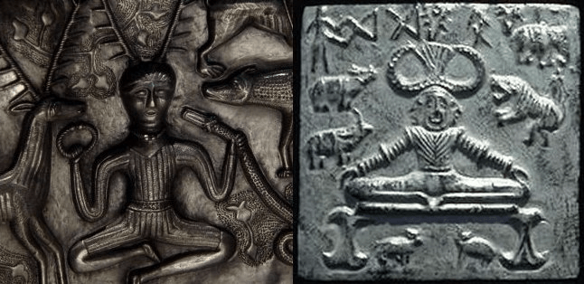 Cernunnos on the Gundestrup cauldron (left); Pashupati, an incarnation of the Shiva as "lord of the animals" (right)