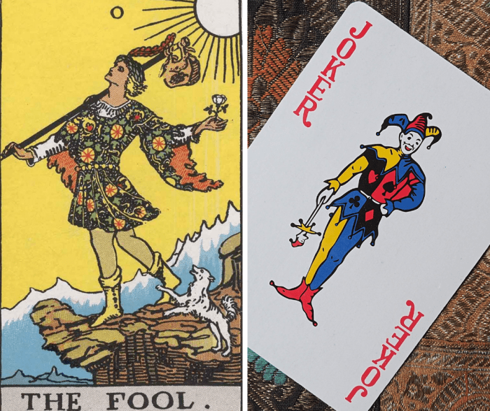 The Joker can be used to represent the Fool (this one from the 1909 Rider-Waite deck).