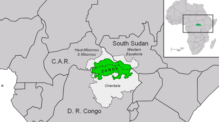 The location of Zandeland is between South Sudan and the Democratic Republic of the Congo.