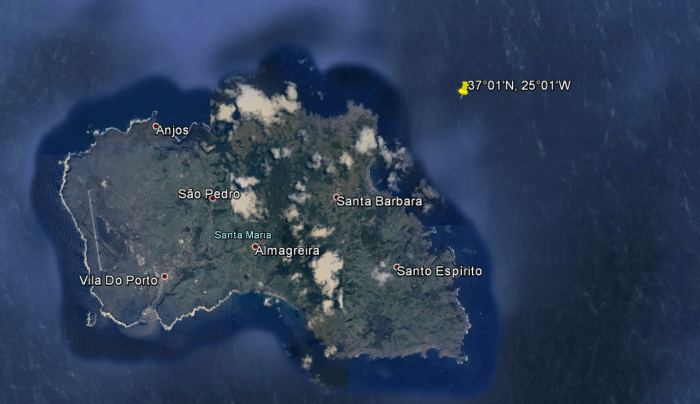 This is the location of the last logged position of the Mary Celeste, 6 miles off the North West coast of Santa Maria Island.