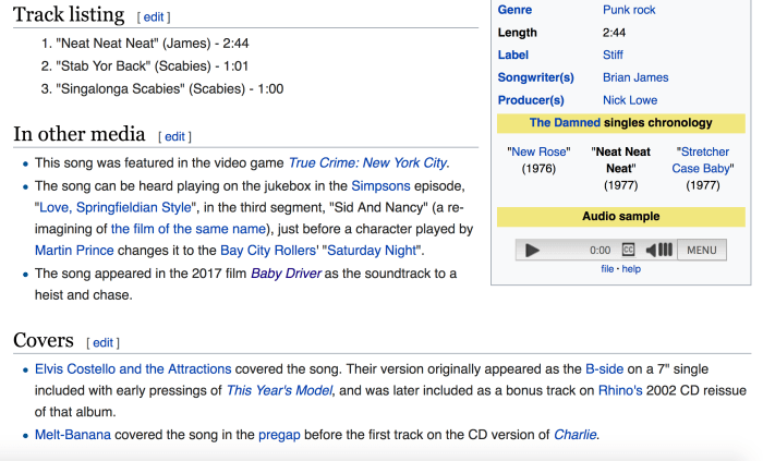 A look at a typical Wikipedia page for a song, in this case "Neat Neat Neat" by The Damned. You can see that this song was featured in the movie Baby Driver.