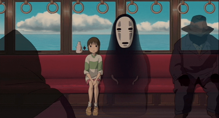 This famous still from Spirited Away, reminiscent of the one from Totoro, illustrates loneliness and nervousness.