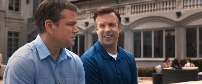 Paul Safranek (Matt Damon) and Dave Johnson (Jason Sudeikis) talk about the benefit of shrinking your entire life in "Downsizing."