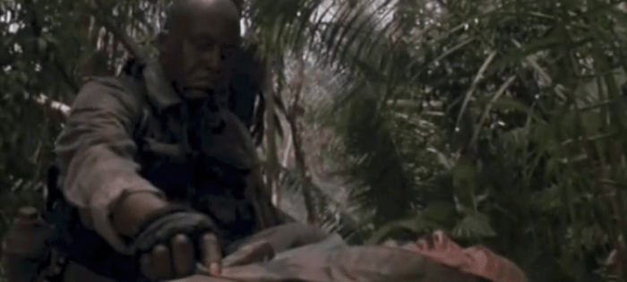 Courtesy of 20th Century Fox. In Predator, when the character, Blain is killed, his friend, Mac spends the rest of the movie mourning him. While he never cries, the fact that they were like brothers is clearly shown.