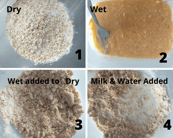 1. Combine the dry ingredients. 2. In a separate bowl, combine the wet ingredients. 3. Mix the dry and wet ingredients together. 4. Add the milk and water.