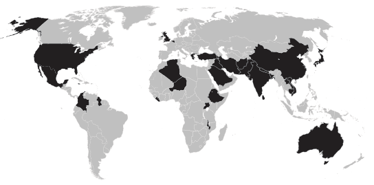 This map marks (in black) the countries where acid attacks have been reported. Unfortunately, it is believed that many more attacks go unreported. Acid attacks are most common in India, Pakistan, Afghanistan, Cambodia, and Bangladesh.