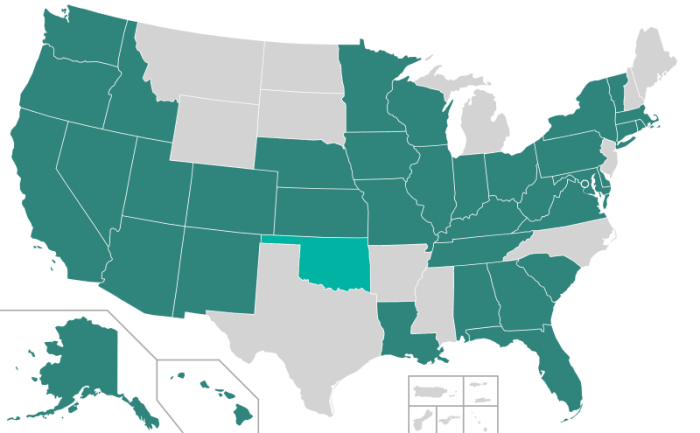 All the states in dark green allow online registration. Oklahoma (light green) is working on it. The grey states do not allow online registration.