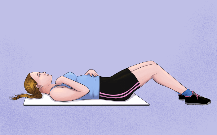 Practice breathing from your diaphragm by lying on your back with one hand on your belly and the other on your chest. When you inhale, your belly should rise as it fills with air and your chest should remain relatively still.