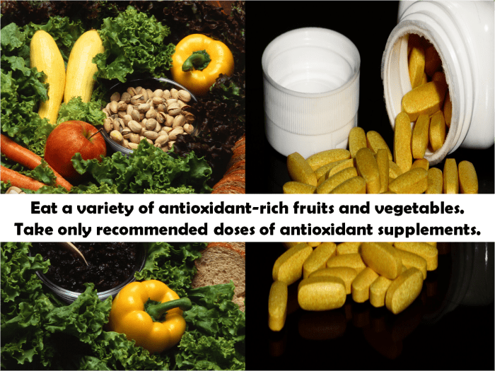 Eat a variety of antioxidant-rich fruits and vegetables. Take only recommended doses of antioxidant supplements. Image modified by Chin chin