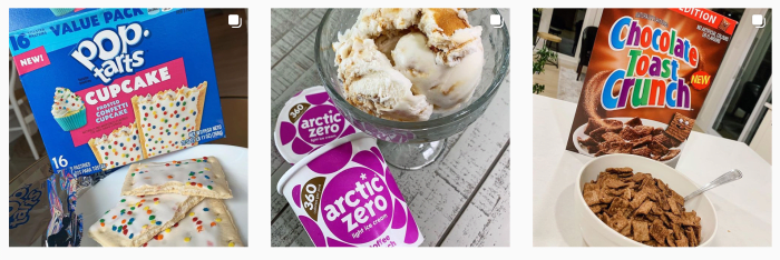 A screenshot from Stephanie's second Instagram account, where she appeals to her original fanbase by posting reviews of extremely unhealthy and addictive foods.