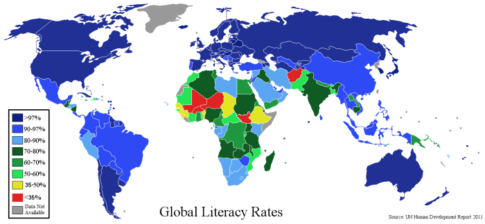 World map of literacy, UN Human Development Report 2011. Creative Commons Attribution-Share Alike 3.0 Unported license.