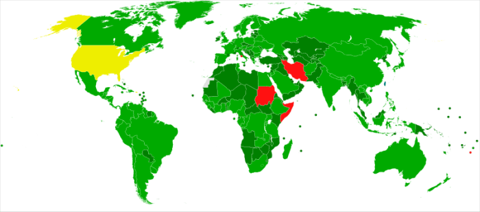 CEDAW Participation by Allstar86. Legend: bright green=signed and ratified; dark green=acceded or succeeded; yellow=only signed; red=non signatory.