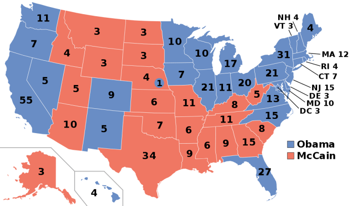 This map shows the states that Barack Obama and John McCain each won. Red= the states that McCain won and blue= the states that Obama won.