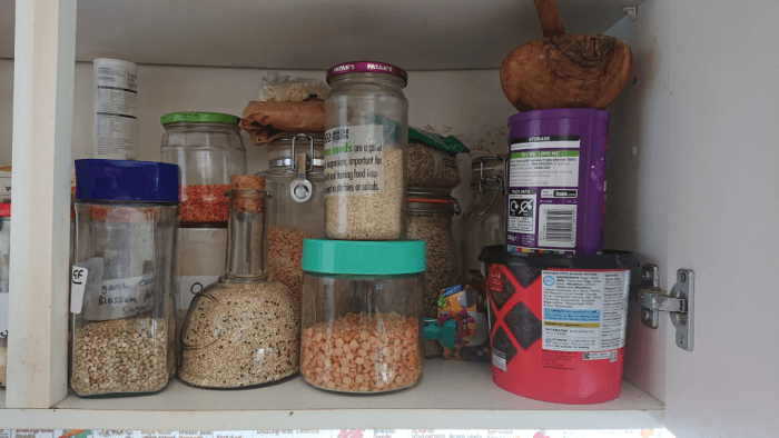 Washed and dried food containers make great storage for food and other items.