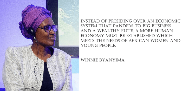 Instead of presiding over an economic system that panders to big business and a wealthy elite, a more human economy must be established which meets the needs of African women and young people.