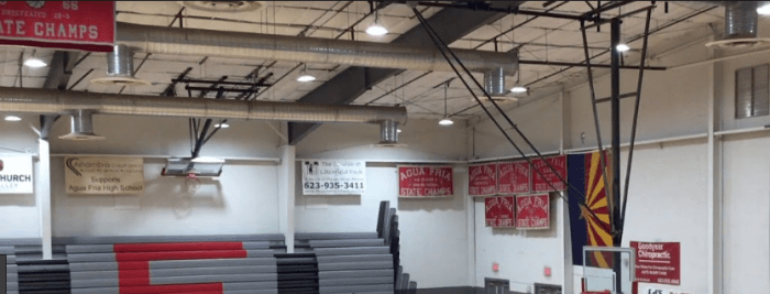 The gym at Auga Fria was full of State Championship banners. The school won many state championships in basketball and football.