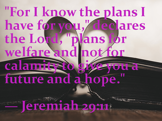 "For I know the plans I have for you," declares the Lord, "plans for welfare and not for calamity; to give you a future and a hope." Jeremiah 29:11