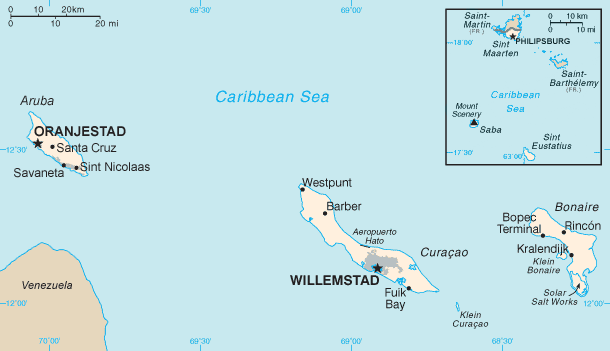 Located at the Southern part of the Caribbean Sea between the islands of Aruba and Bonaire, just 35 miles north of Venezuela. Willemstad is the capital. Photo Credit: Netherlands Antilles-CIA WFB Map