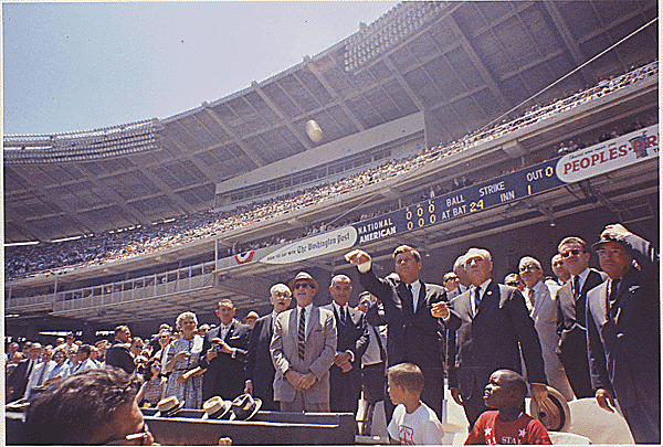 President John F. Kennedy throws out the first ball at the 1962 All-Star Game in Washington, D.C.—the first All-Star game after MLB's expansion.