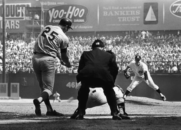 Frank Howard smashes a double off Whitey Ford in the 2nd inning. Ford called him one of the scariest hitters he ever faced. Note the monuments in center field. They were in play.