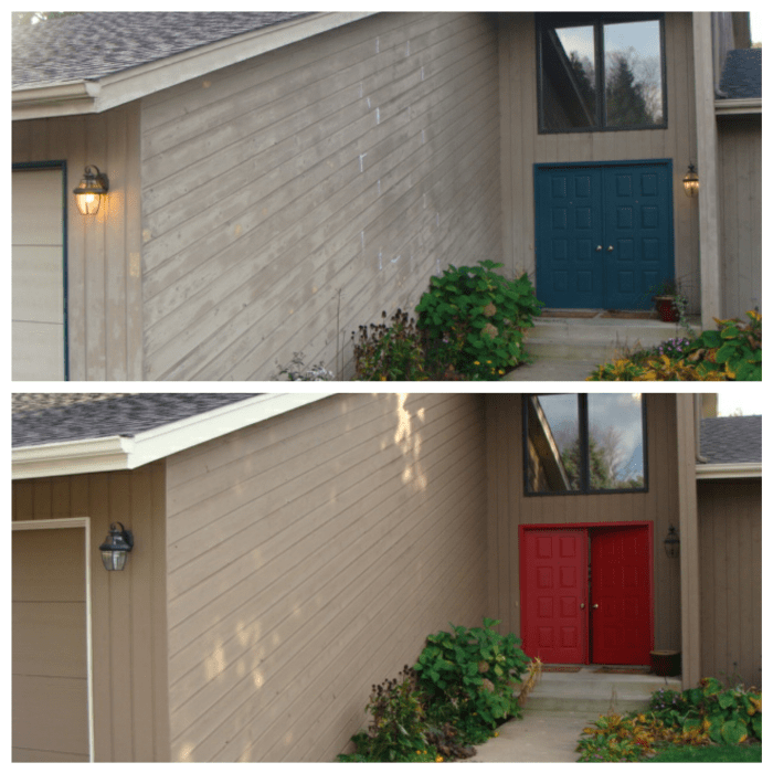 A house and front door I stained and painted. Woodscapes solid stain was used on the siding and Duration exterior paint for the front door.