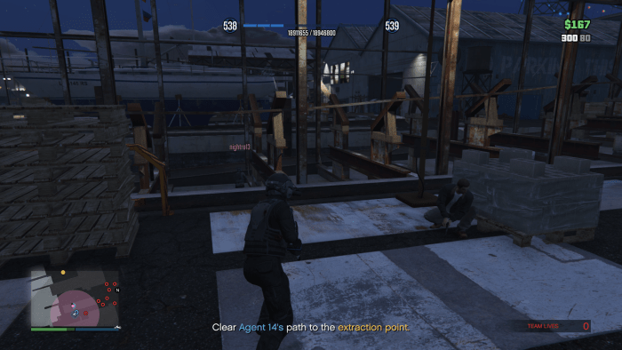 The dry dock, on the right, you could cut through as you're escorting Agent 14. Just make sure you clear the battlefield for him so he can advance along the "path" he;s coded on.